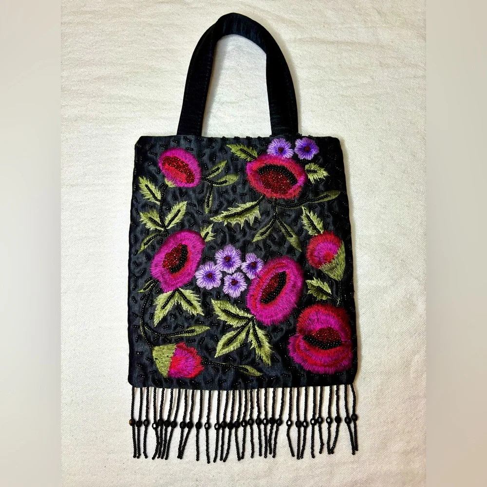 Frankie & Johnnie Embroidered Floral Beaded Fringe Evening Bag - Vintage Style - Picture 3 of 12